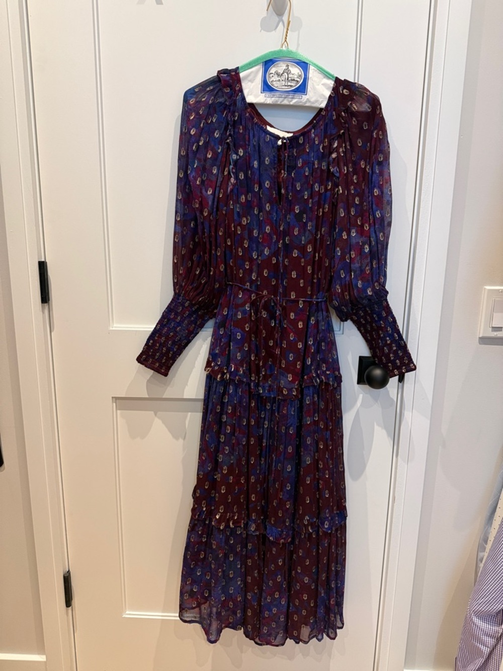 Cleobella Burgundy & Navy Printed Long Sleeve Tiered Maxi Dress